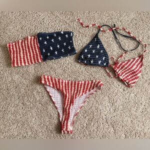 SHEIN 3 Piece American Flag Print Smocked Bikini Set Triangle & Bandeau Top sz M